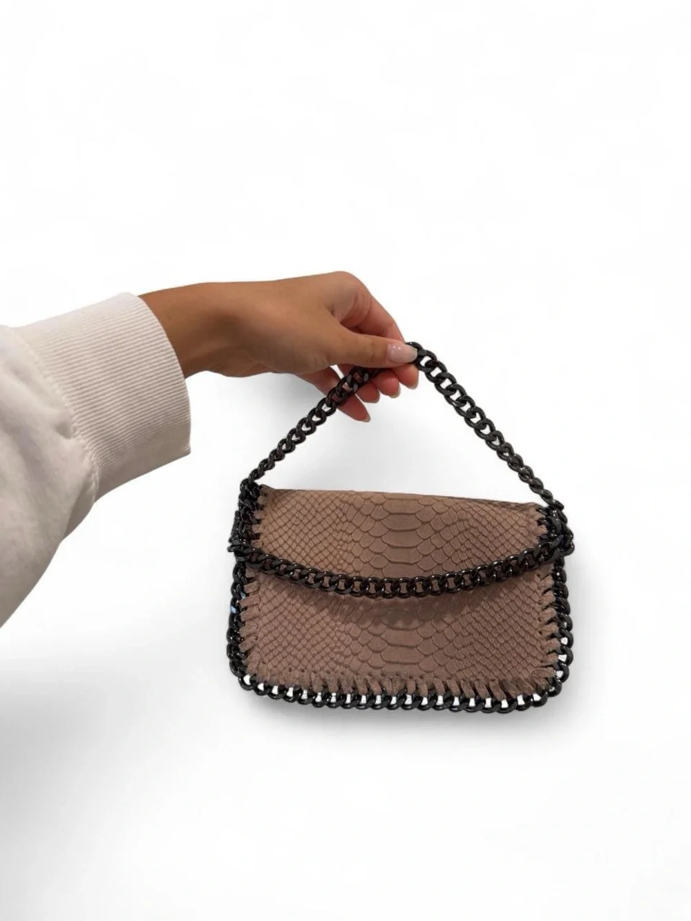 Brown Chain-Trim Python-Print Clutch